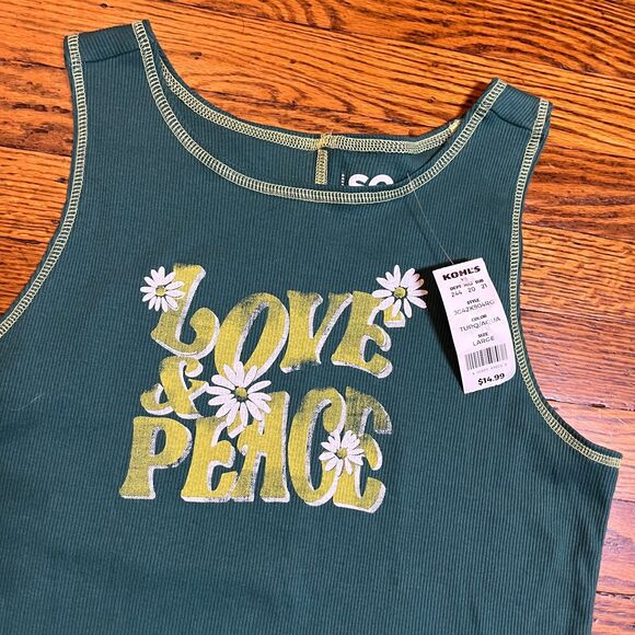 Y2k Surfwear Indie SO Love Peace Ribbed Tank Top Women's Size L Turquoise Green - Picture 2 of 8